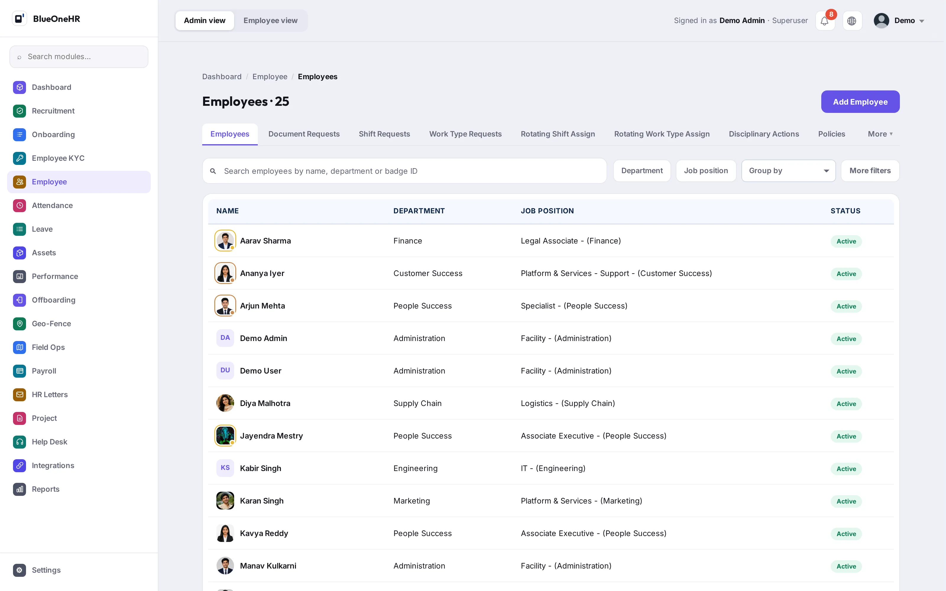 The BlueOneHR employee directory, listing each person with their department, job position and status