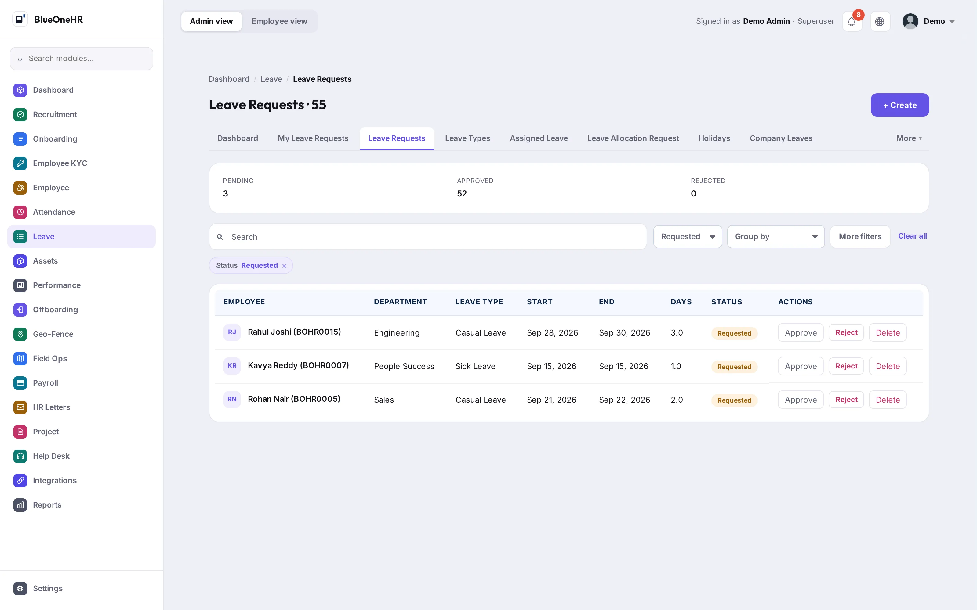 A manager's leave queue with three requests waiting, each row carrying approve and reject