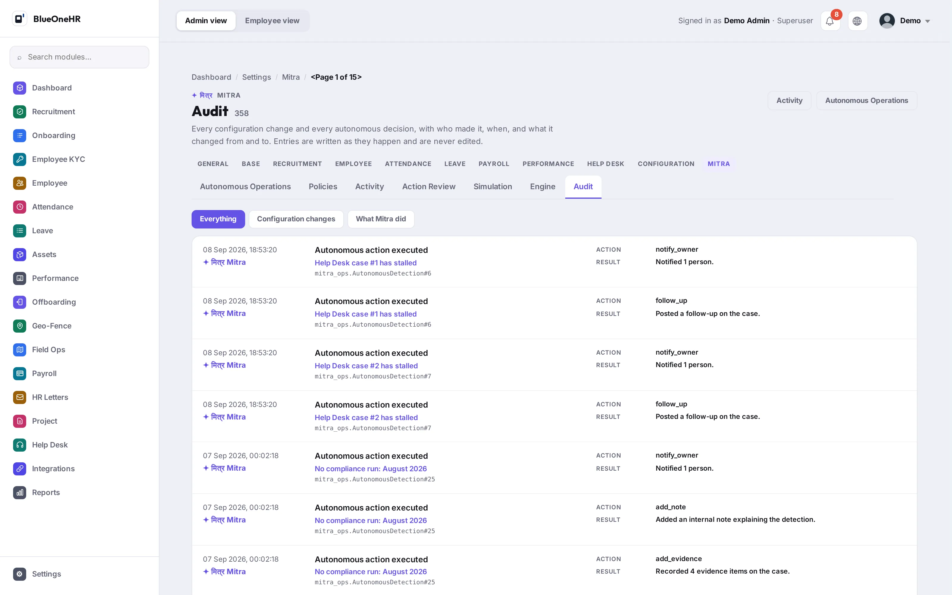 The Mitra audit log, recording what was done, when, and under which policy