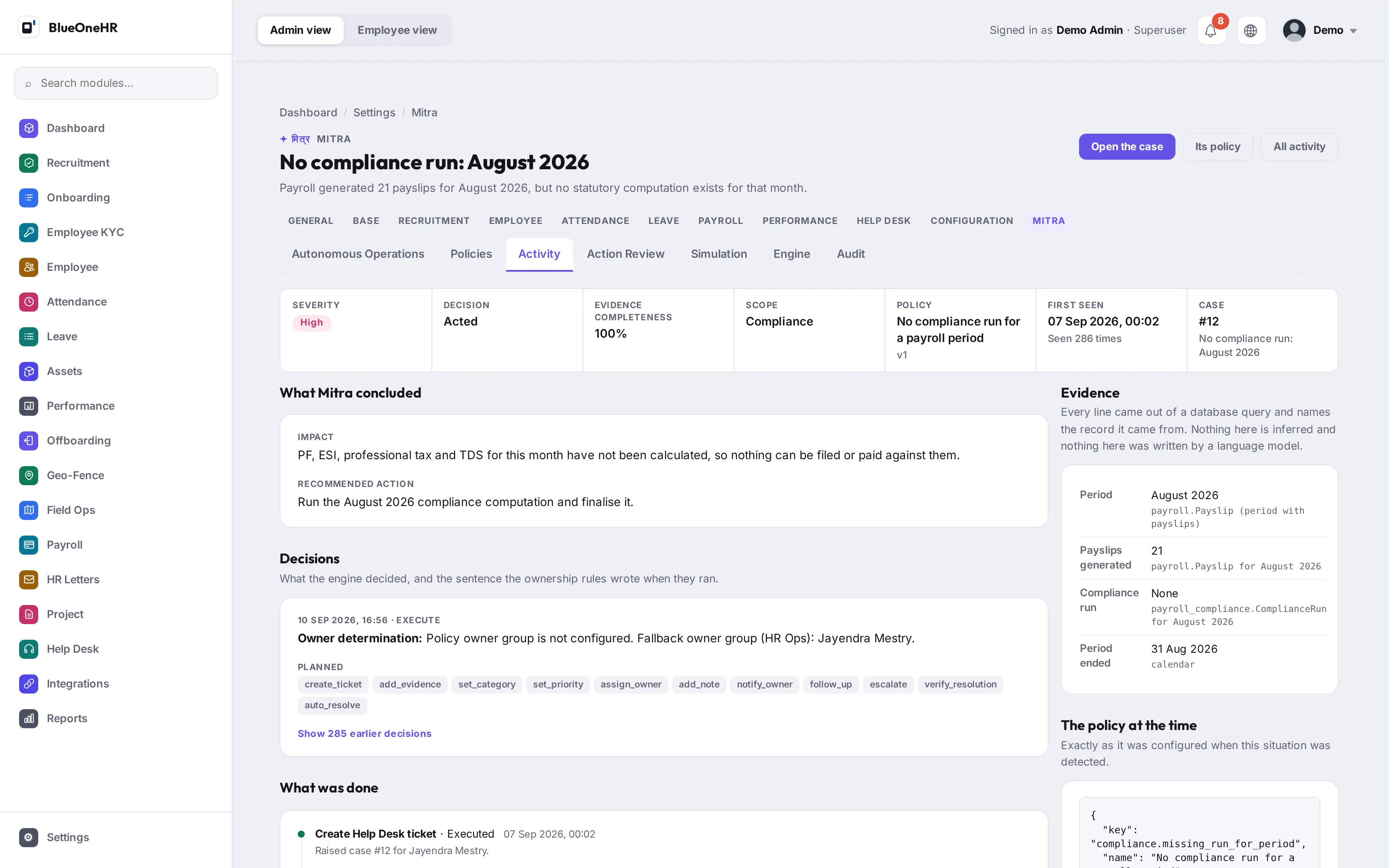 The evidence behind a finding: the period, the payslips generated, the compliance run and the date the period ended, each naming the record it came from