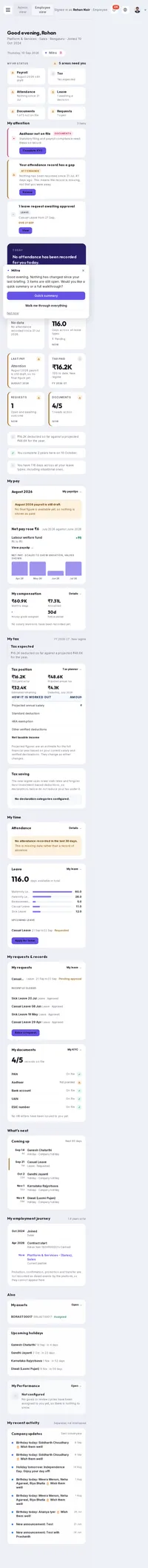 The BlueOneHR employee dashboard on a phone