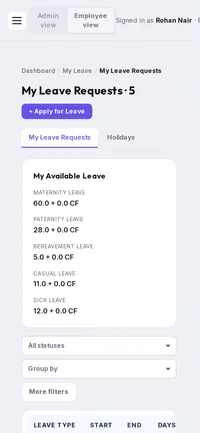 My leave requests on a phone, with apply for leave and the available balances
