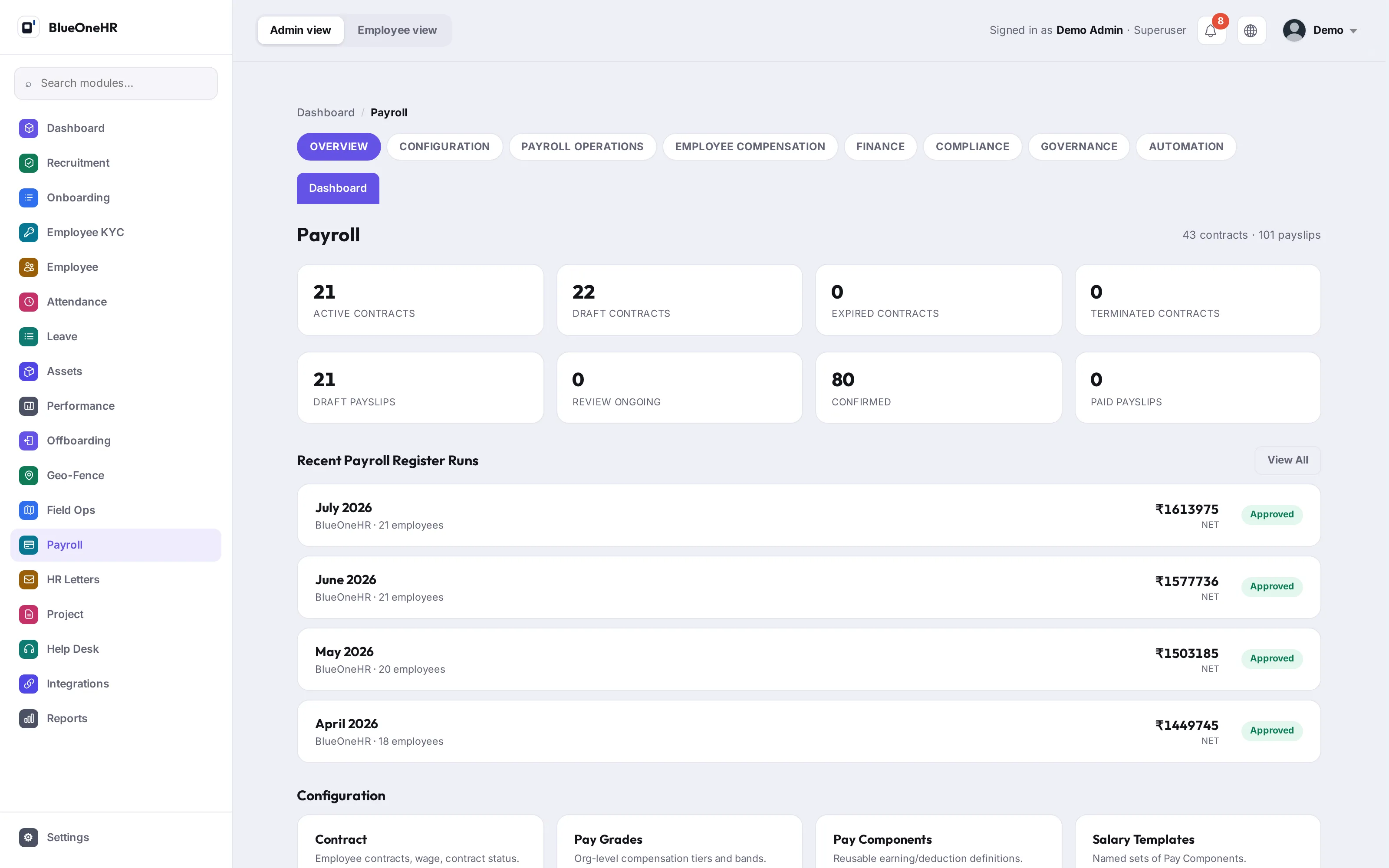The payroll module overview, showing contract and payslip states with the recent register runs