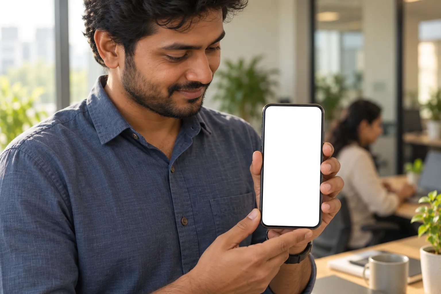 An employee checking their own BlueOneHR dashboard on a phone at work, a colleague working behind them