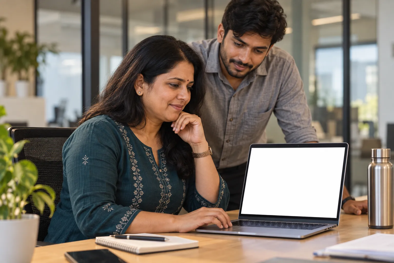 A manager at her laptop working through the requests waiting on her, a colleague following alongside