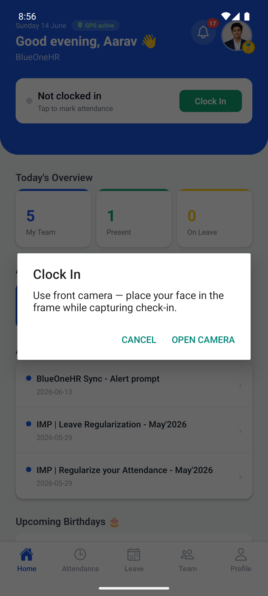 Clock In screen